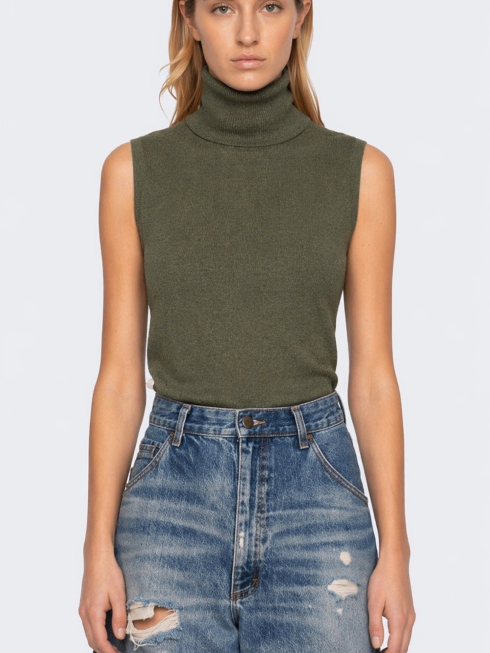 #136 🌷Kate Hill Olive Sleeveless Turtleneck 100% Merino wool Knit Tank